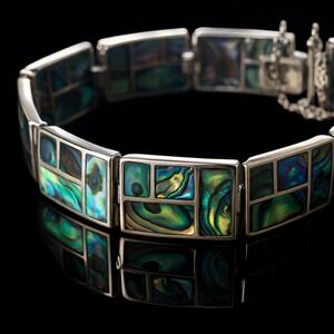 Vintage 925 Sterling Silver Abalone Shell Geometric Link Bracelet Secure Clasp